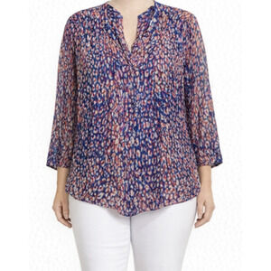 Liz Claiborne Petite Blue‑Orange‑Red Print Sheer Lined Top PXL – NWOT